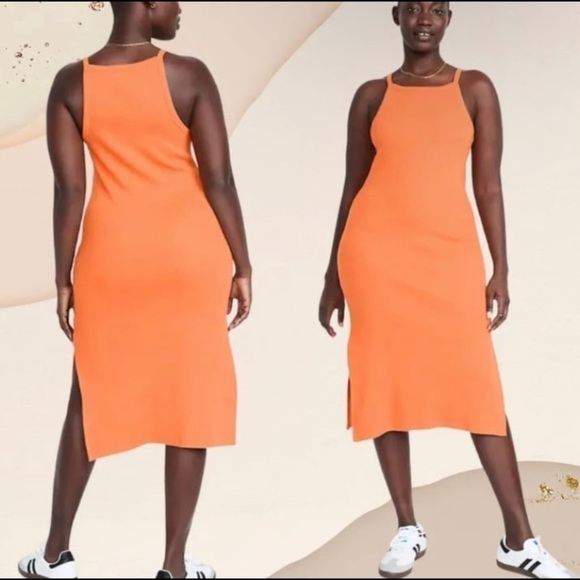 Old Navy Ribbed Tank Dress Midi Length Apron Cami Dress Beige Minimalist Sz 2X - Picture 3 of 12